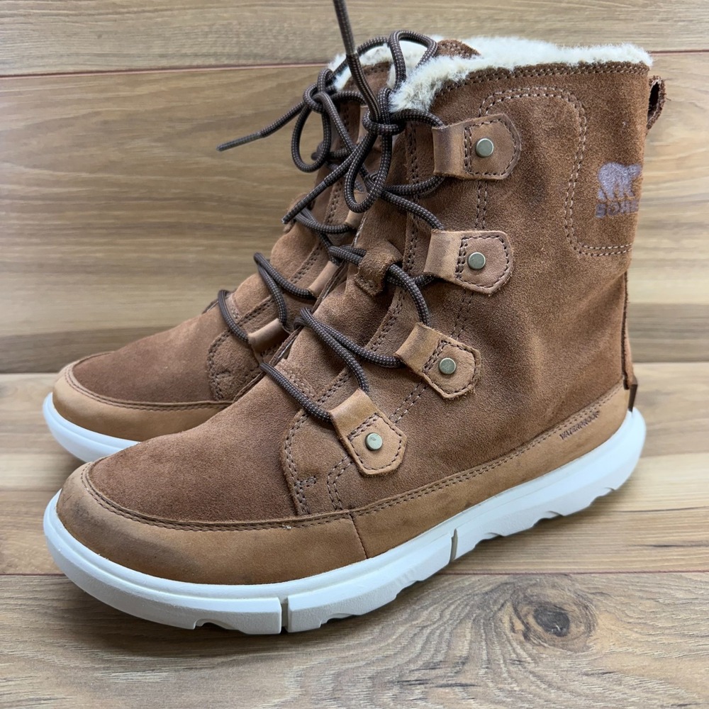SOREL Explorer Joan Boots Womens 10 Tan Suede Waterproof Faux Fur Gorpcore